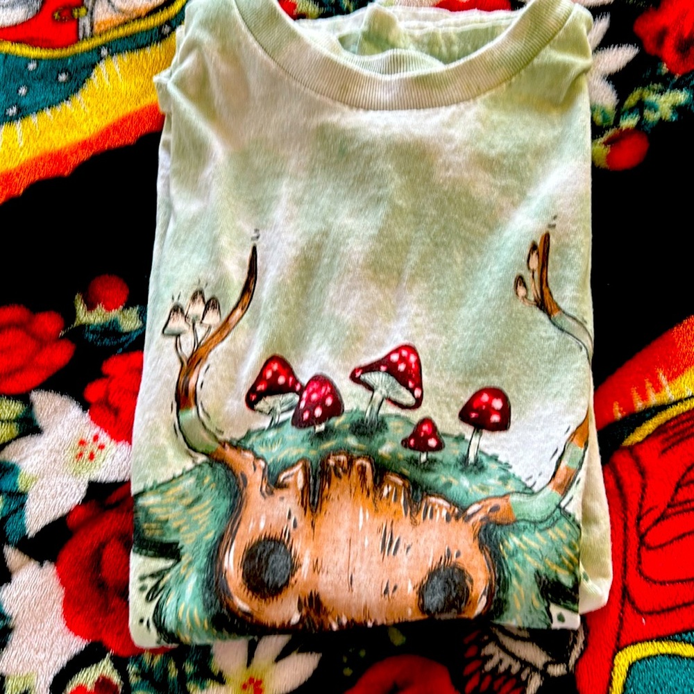 Green tye dye shirt with mushrooms